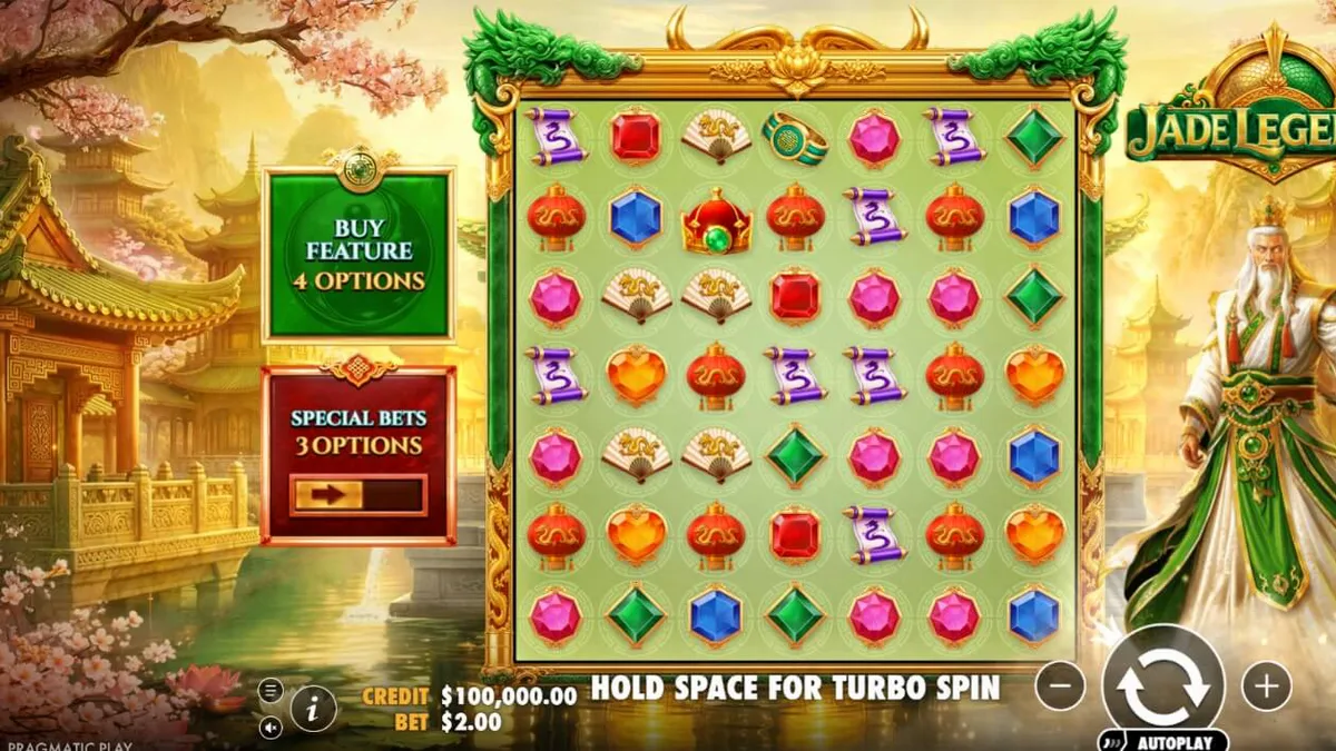 Jade Legends سلاٹ گیم کا ایک منظر جس میں سنہری ڈریگن اور ایشیائی تھیم نمایاں ہے۔